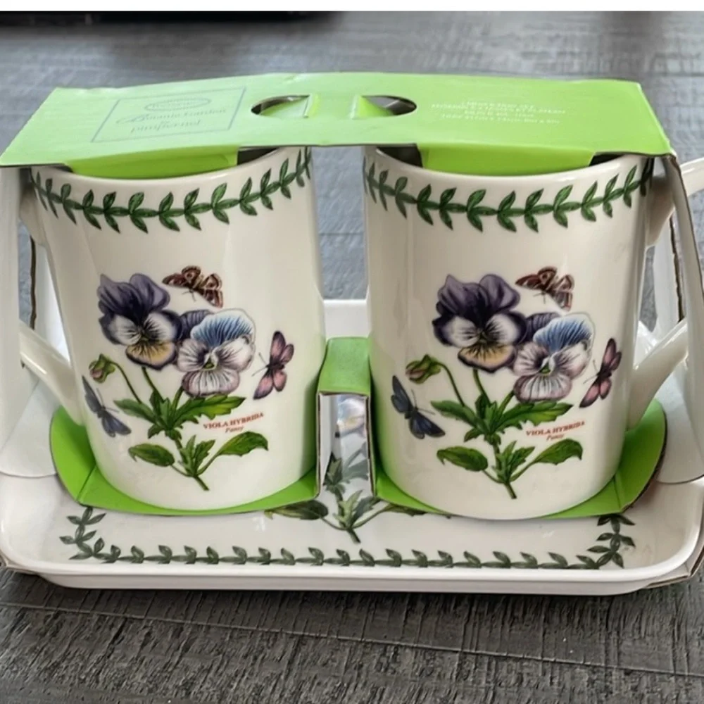 Portmeirion Botanic Garden By Pimpernel 2 Mugs & Tray Set Floral Design NEW - Picture 1 of 5
